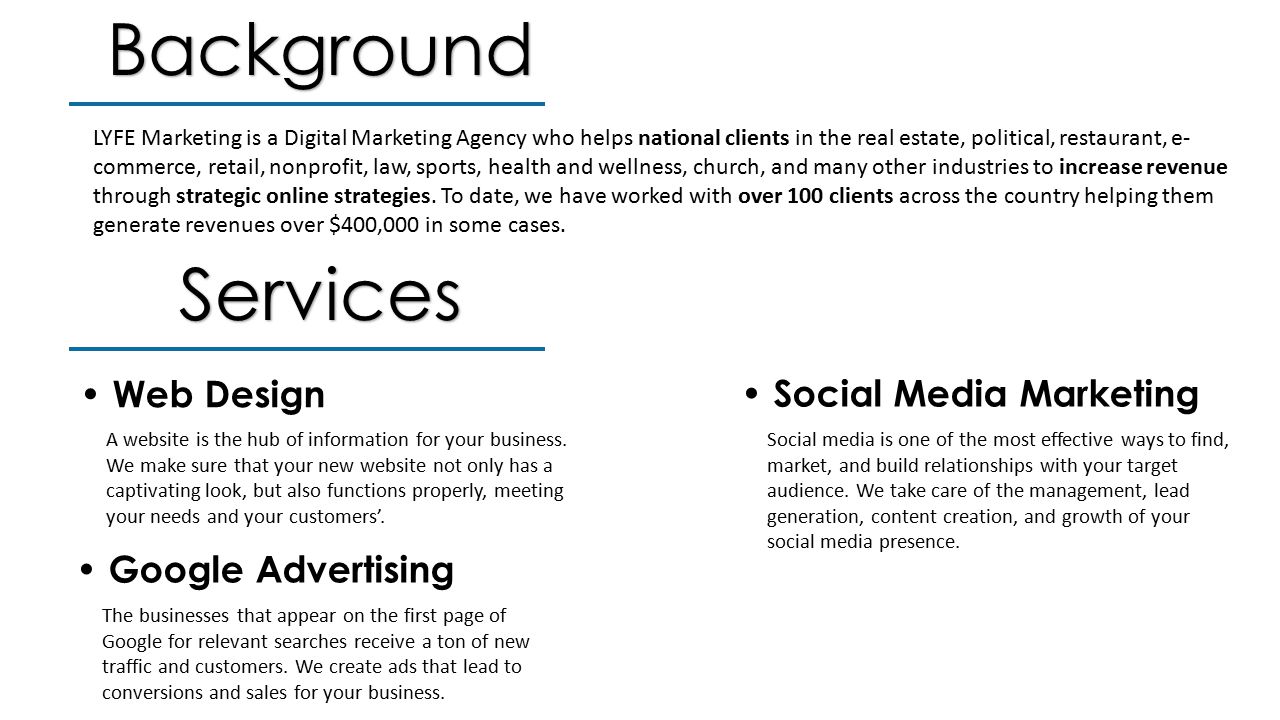Background LYFE Marketing is a Digital Marketing Agency who helps national clients in the real estate, political, restaurant, e- commerce, retail, nonprofit, law, sports, health and wellness, church, and many other industries to increase revenue through strategic online strategies.