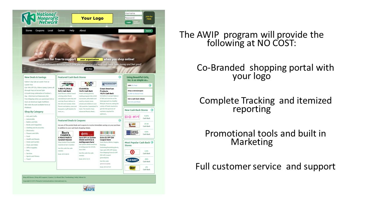 The AWIP program will provide the following at NO COST: Co-Branded shopping portal with your logo Complete Tracking and itemized reporting Promotional tools and built in Marketing Full customer service and support