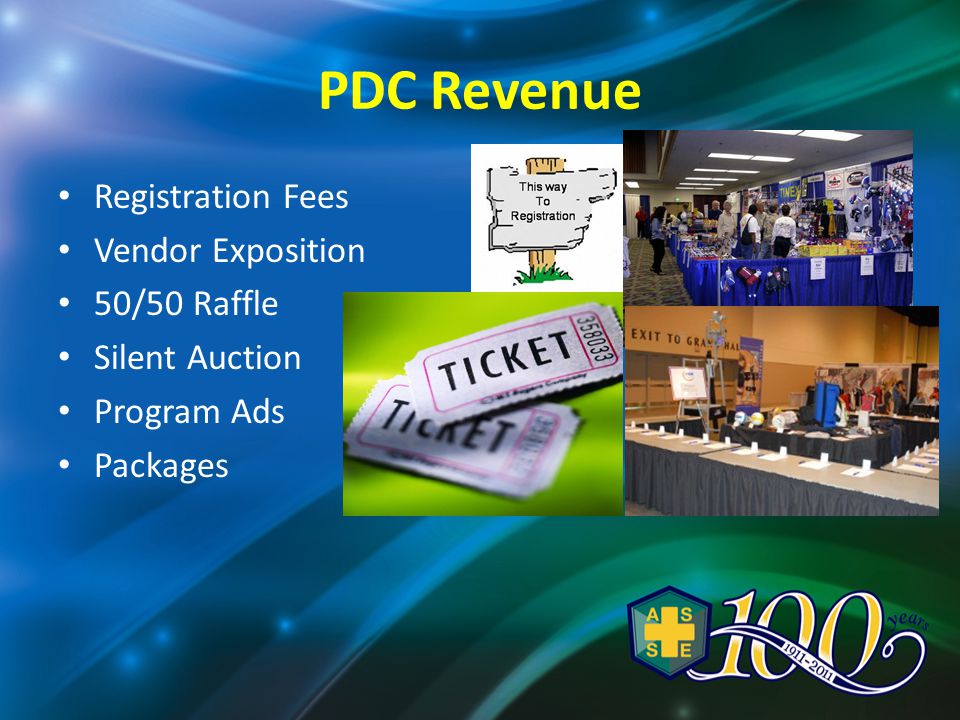 PDC Revenue Registration Fees Vendor Exposition 50/50 Raffle Silent Auction Program Ads Packages