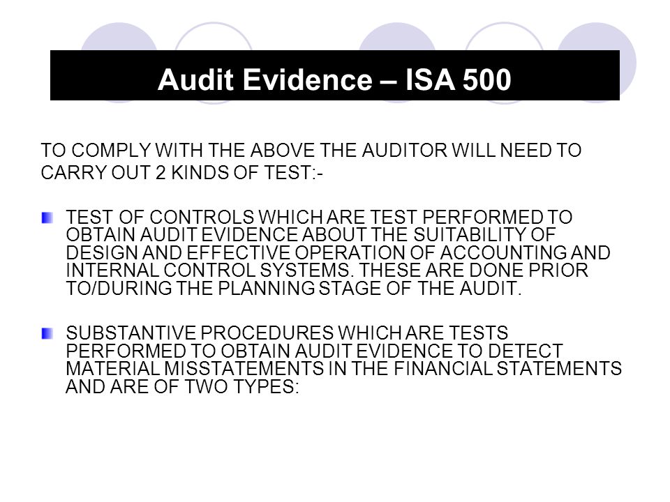 TO COMPLY WITH THE ABOVE THE AUDITOR WILL NEED TO CARRY OUT 2 KINDS OF TEST:- TEST OF CONTROLS WHICH ARE TEST PERFORMED TO OBTAIN AUDIT EVIDENCE ABOUT THE SUITABILITY OF DESIGN AND EFFECTIVE OPERATION OF ACCOUNTING AND INTERNAL CONTROL SYSTEMS.
