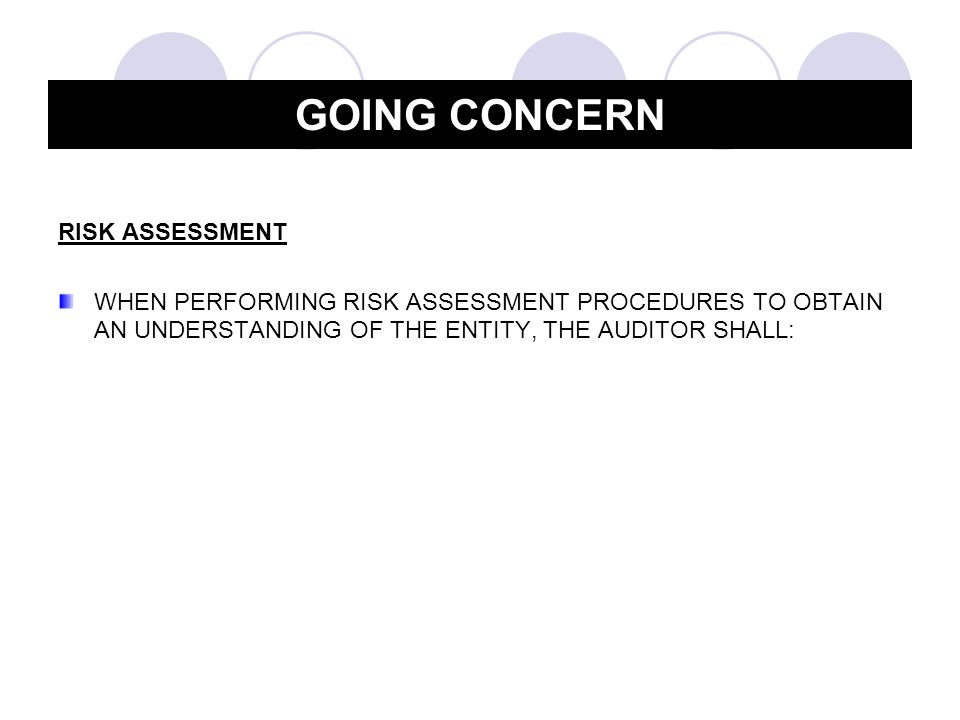 RISK ASSESSMENT WHEN PERFORMING RISK ASSESSMENT PROCEDURES TO OBTAIN AN UNDERSTANDING OF THE ENTITY, THE AUDITOR SHALL: GOING CONCERN