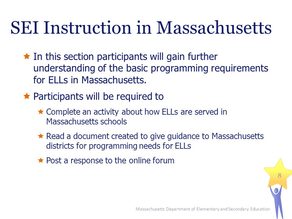SEI Instruction in Massachusetts  In this section participants will gain further understanding of the basic programming requirements for ELLs in Massachusetts.