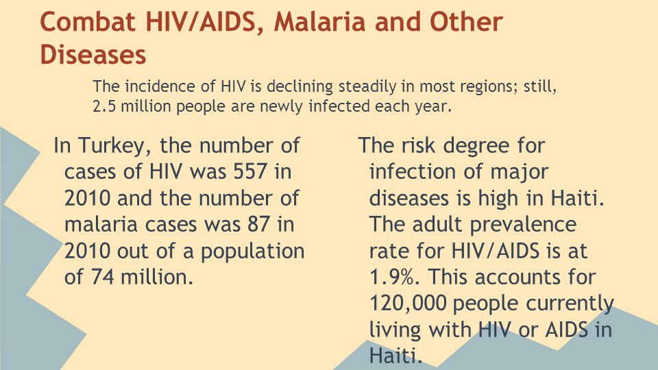Combat HIV/AIDS, Malaria and Other Diseases In Turkey, the number of cases of HIV was 557 in 2010 and the number of malaria cases was 87 in 2010 out of a population of 74 million.