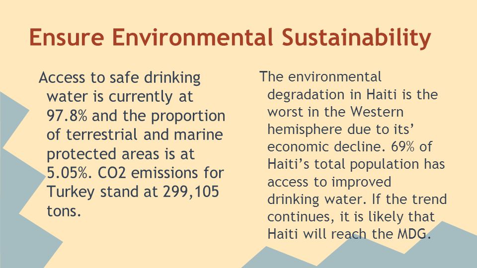Ensure Environmental Sustainability Access to safe drinking water is currently at 97.8% and the proportion of terrestrial and marine protected areas is at 5.05%.