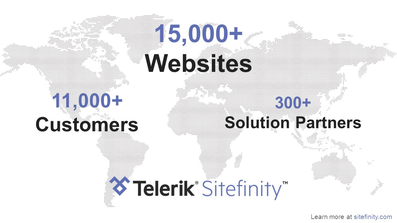 15,000+ Websites 300+ Solution Partners 11,000+ Customers Learn more at sitefinity.com