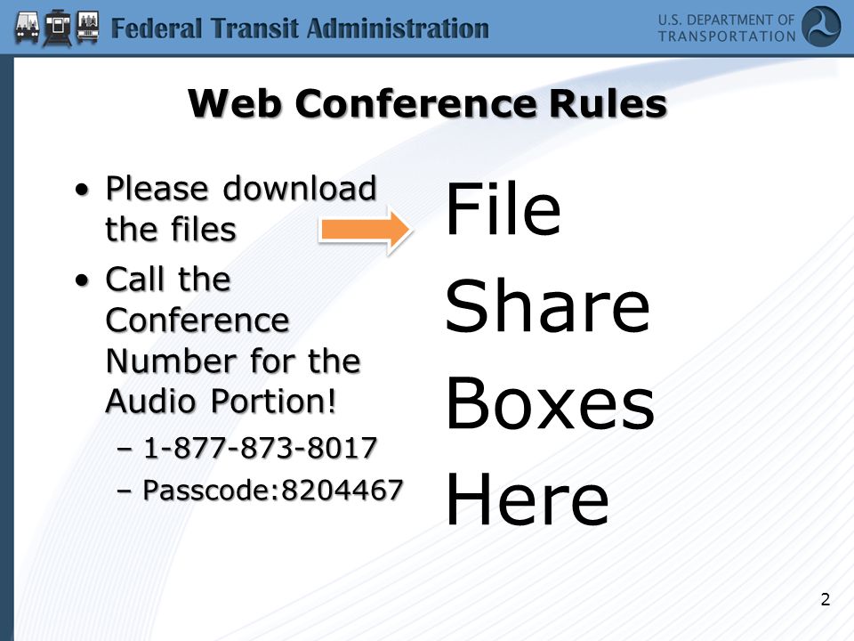 Web Conference Rules Please download the filesPlease download the files Call the Conference Number for the Audio Portion!Call the Conference Number for the Audio Portion.