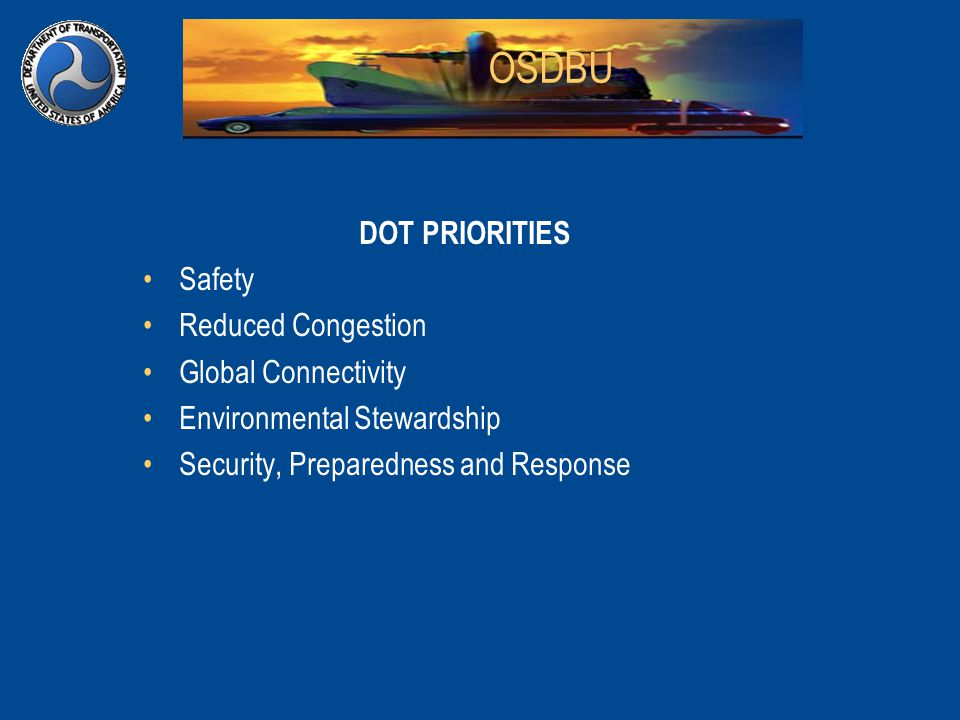 DOT PRIORITIES Safety Reduced Congestion Global Connectivity Environmental Stewardship Security, Preparedness and Response OSDBU