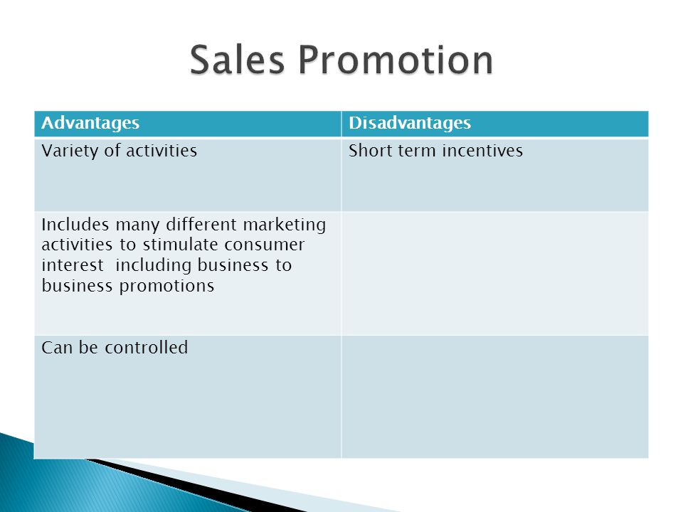 AdvantagesDisadvantages Variety of activitiesShort term incentives Includes many different marketing activities to stimulate consumer interest including business to business promotions Can be controlled