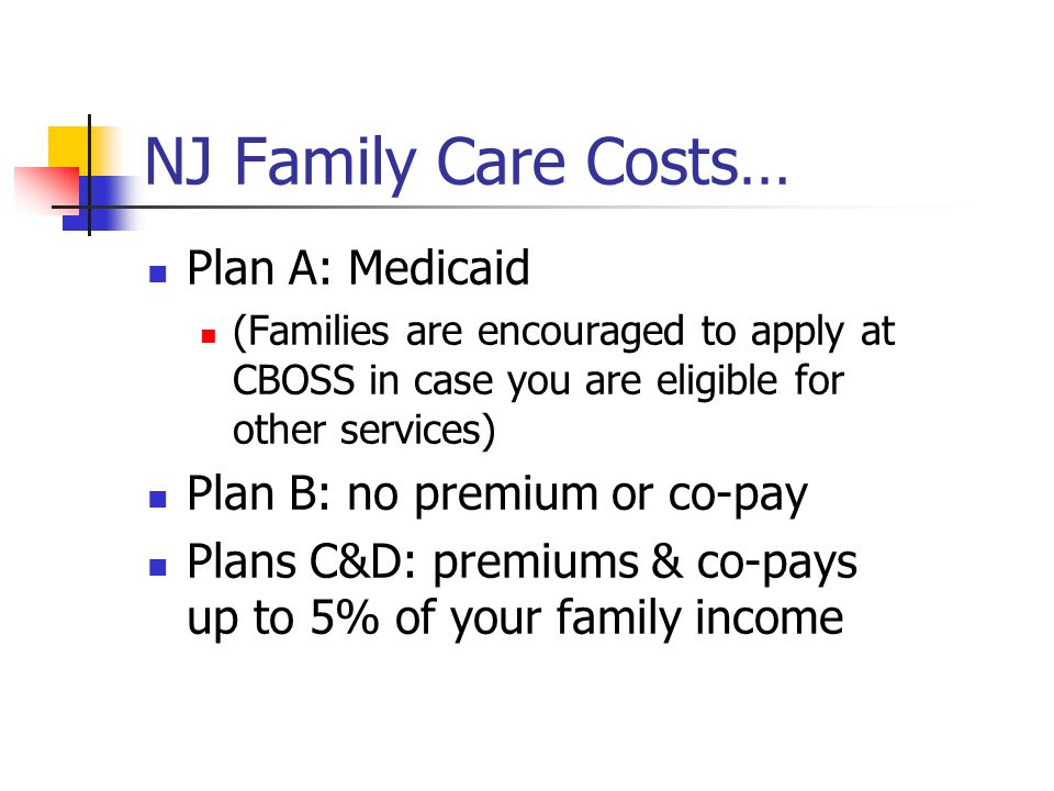NJ Family Care Costs… Plan A: Medicaid (Families are encouraged to apply at CBOSS in case you are eligible for other services) Plan B: no premium or co-pay Plans C&D: premiums & co-pays up to 5% of your family income