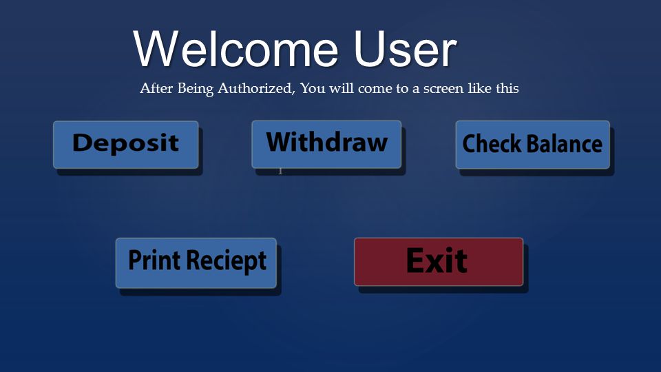 Welcome User After Being Authorized, You will come to a screen like this Withdrawa l Check Balance
