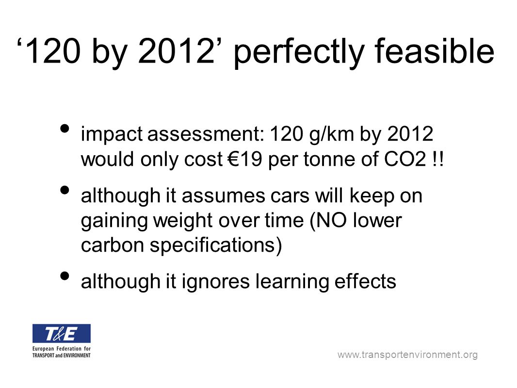 ‘120 by 2012’ perfectly feasible impact assessment: 120 g/km by 2012 would only cost €19 per tonne of CO2 !.