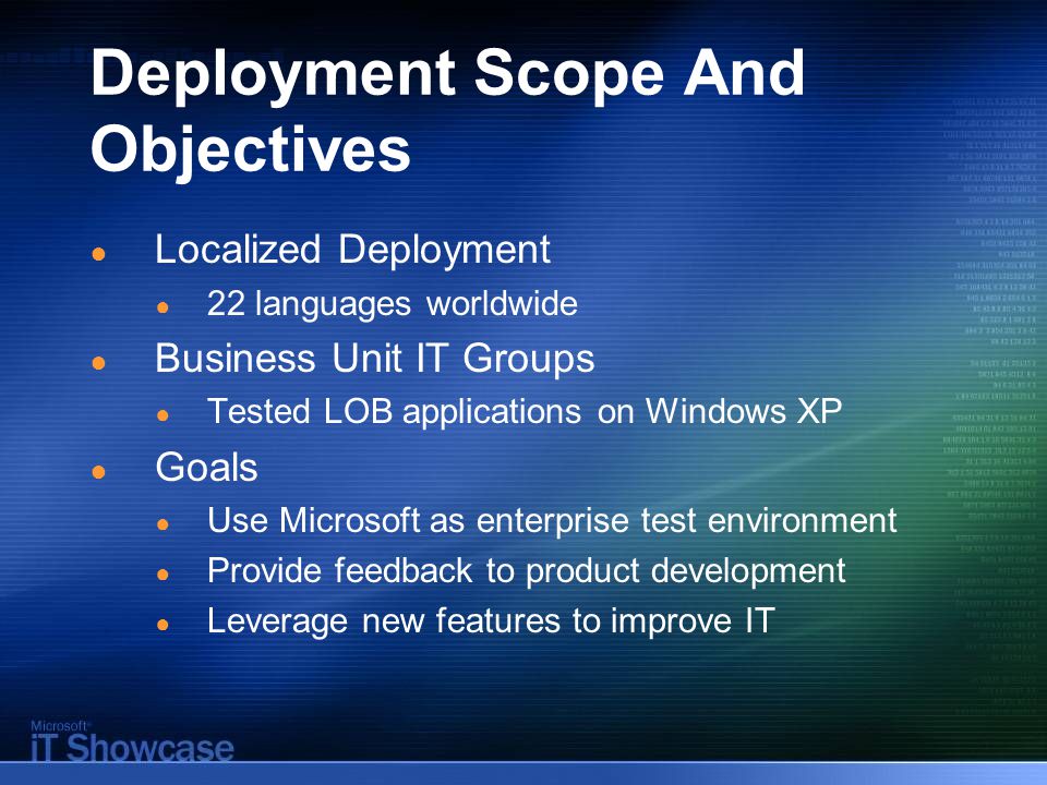 Deployment Scope And Objectives ● Localized Deployment ● 22 languages worldwide ● Business Unit IT Groups ● Tested LOB applications on Windows XP ● Goals ● Use Microsoft as enterprise test environment ● Provide feedback to product development ● Leverage new features to improve IT