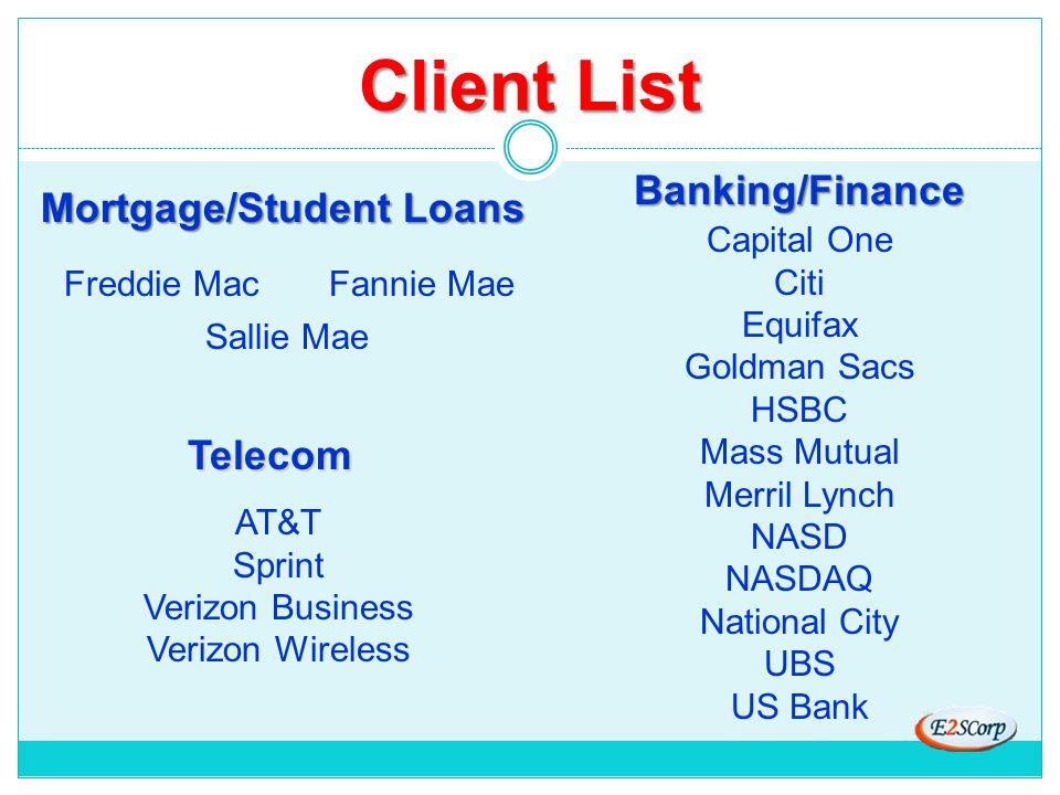 Client List Banking/Finance Mortgage/Student Loans Telecom Freddie Mac Sallie Mae Fannie Mae Capital One Citi Equifax Goldman Sacs HSBC Mass Mutual Merril Lynch NASD NASDAQ National City UBS US Bank AT&T Sprint Verizon Business Verizon Wireless