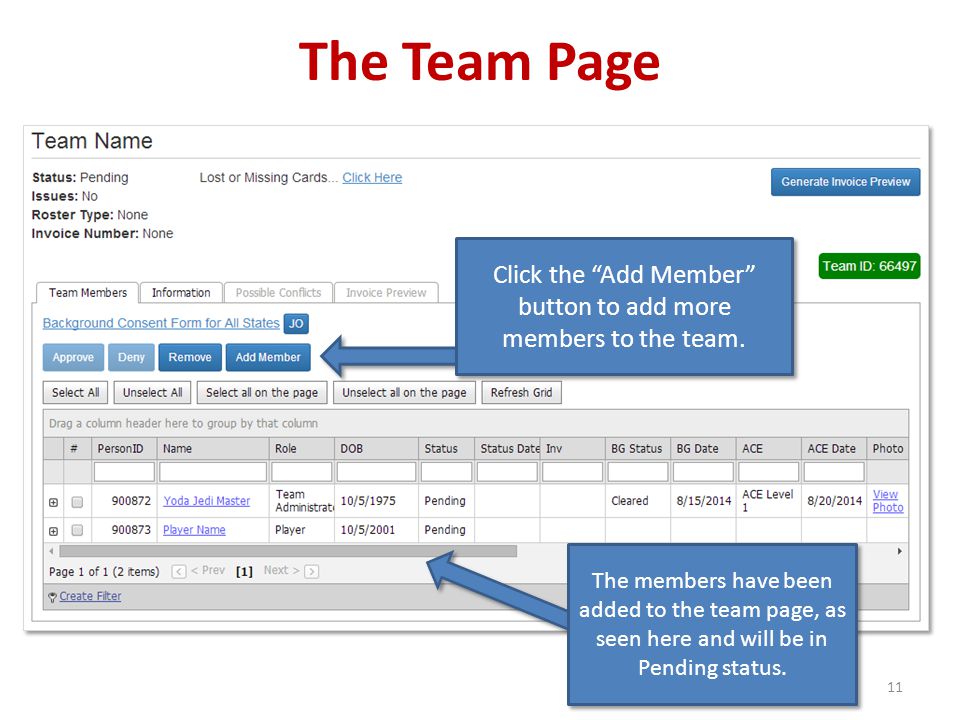 The Team Page The members have been added to the team page, as seen here and will be in Pending status.