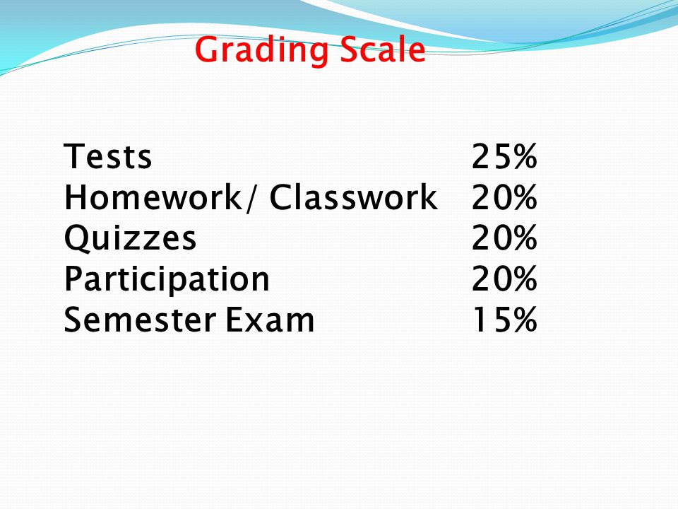 Grading Scale Tests25% Homework/ Classwork20% Quizzes20% Participation20% Semester Exam15%
