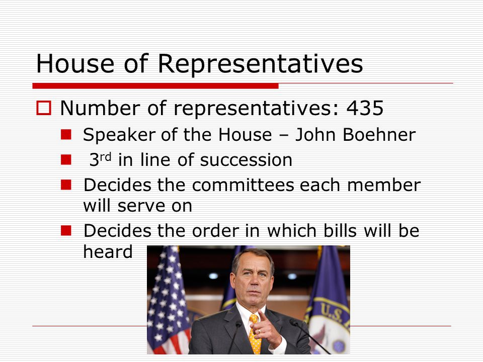 House of Representatives  Number of representatives: 435 Speaker of the House – John Boehner 3 rd in line of succession Decides the committees each member will serve on Decides the order in which bills will be heard