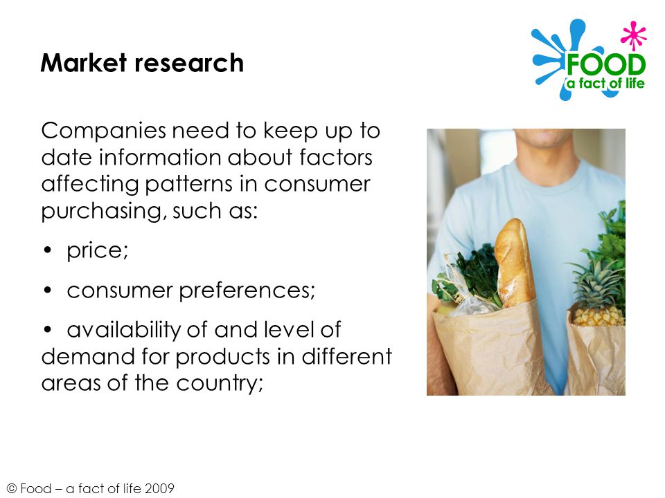 © Food – a fact of life 2009 Market research Companies need to keep up to date information about factors affecting patterns in consumer purchasing, such as: price; consumer preferences; availability of and level of demand for products in different areas of the country;