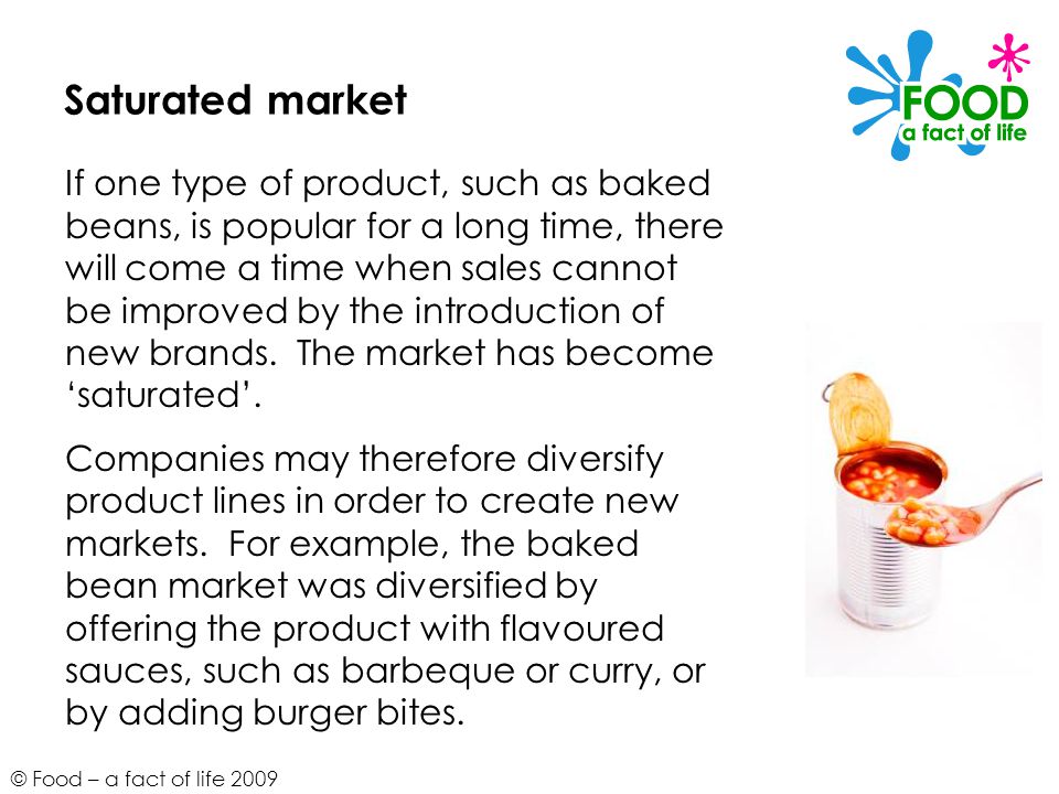 © Food – a fact of life 2009 Saturated market If one type of product, such as baked beans, is popular for a long time, there will come a time when sales cannot be improved by the introduction of new brands.