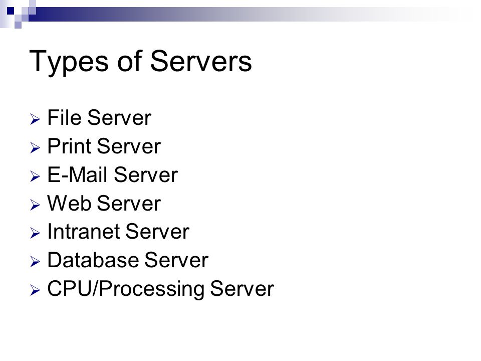 Types of Servers  File Server  Print Server   Server  Web Server  Intranet Server  Database Server  CPU/Processing Server