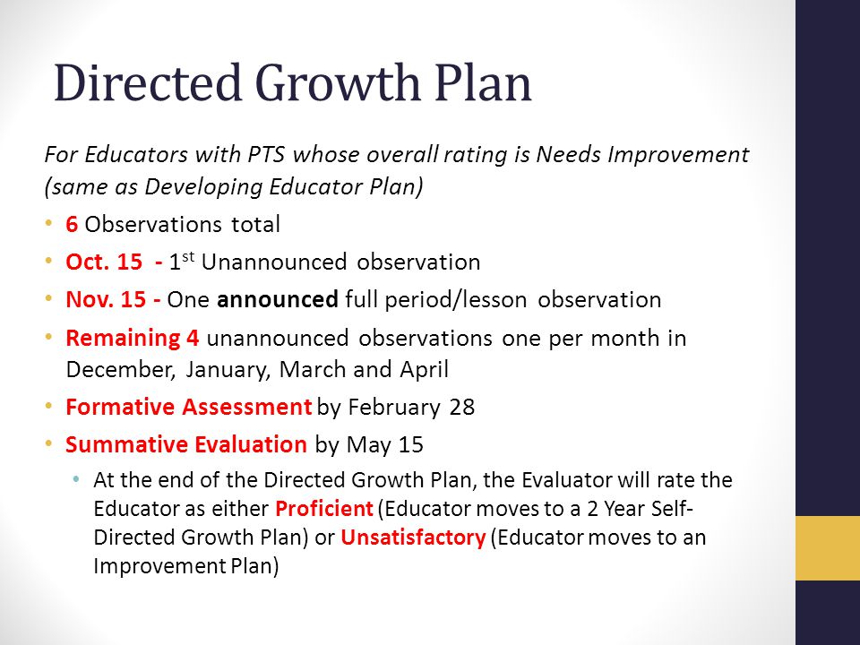 Directed Growth Plan For Educators with PTS whose overall rating is Needs Improvement (same as Developing Educator Plan) 6 Observations total Oct.