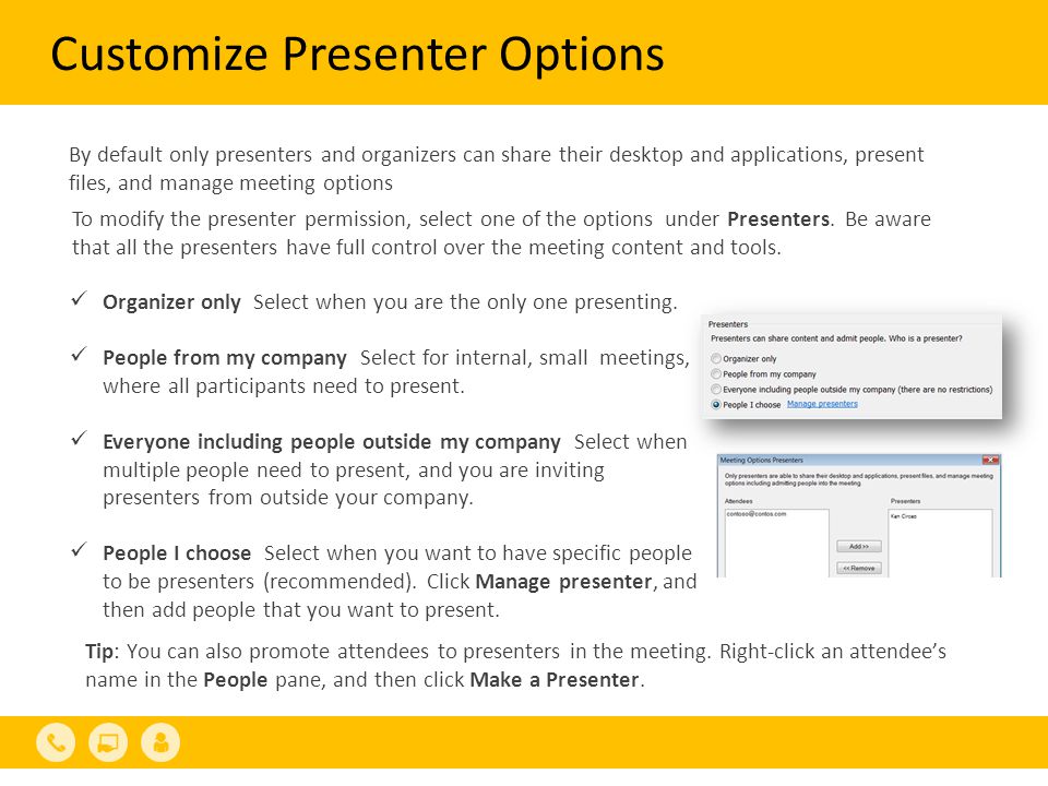 Customize Presenter Options By default only presenters and organizers can share their desktop and applications, present files, and manage meeting options To modify the presenter permission, select one of the options under Presenters.