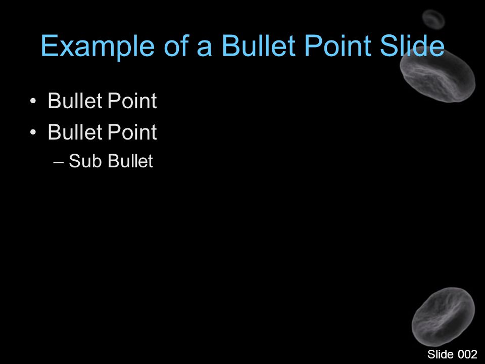 Example of a Bullet Point Slide Bullet Point –Sub Bullet Slide 002