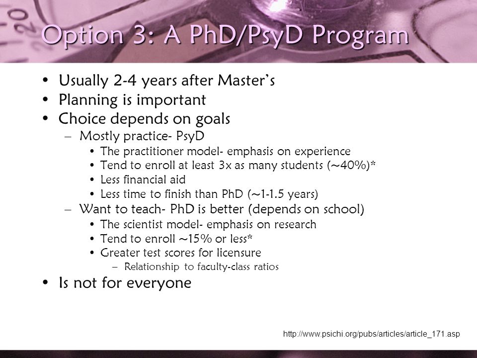 Option 3: A PhD/PsyD Program Usually 2-4 years after Master’s Planning is important Choice depends on goals –Mostly practice- PsyD The practitioner model- emphasis on experience Tend to enroll at least 3x as many students (~40%)* Less financial aid Less time to finish than PhD (~1-1.5 years) –Want to teach- PhD is better (depends on school) The scientist model- emphasis on research Tend to enroll ~15% or less* Greater test scores for licensure –Relationship to faculty-class ratios Is not for everyone