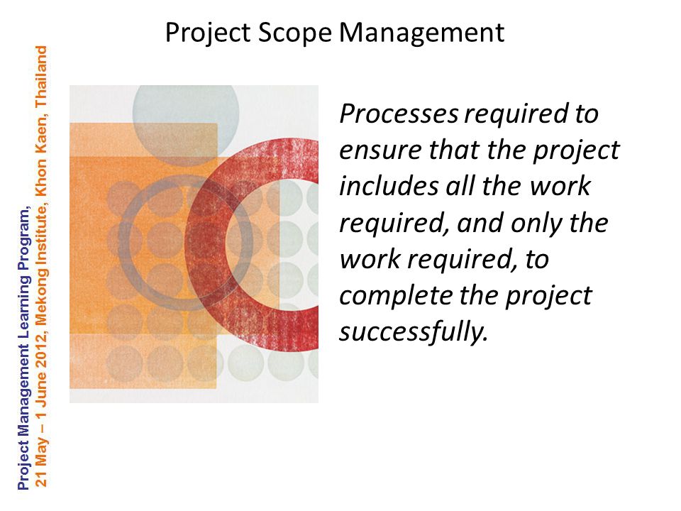 Processes required to ensure that the project includes all the work required, and only the work required, to complete the project successfully.