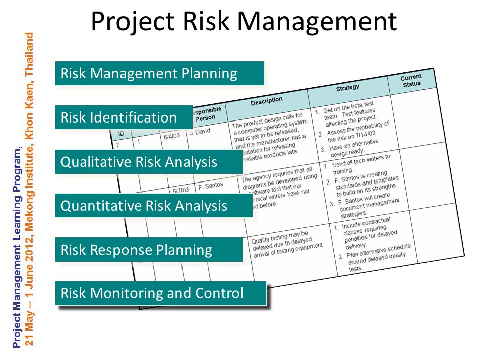 Risk Management Planning Risk Identification Qualitative Risk Analysis Quantitative Risk Analysis Risk Response Planning Risk Monitoring and Control