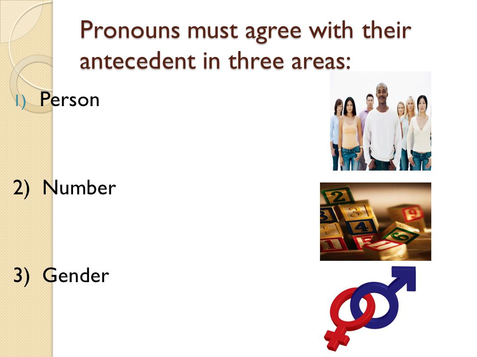 Pronouns must agree with their antecedent in three areas: 1) Person 2) Number 3) Gender
