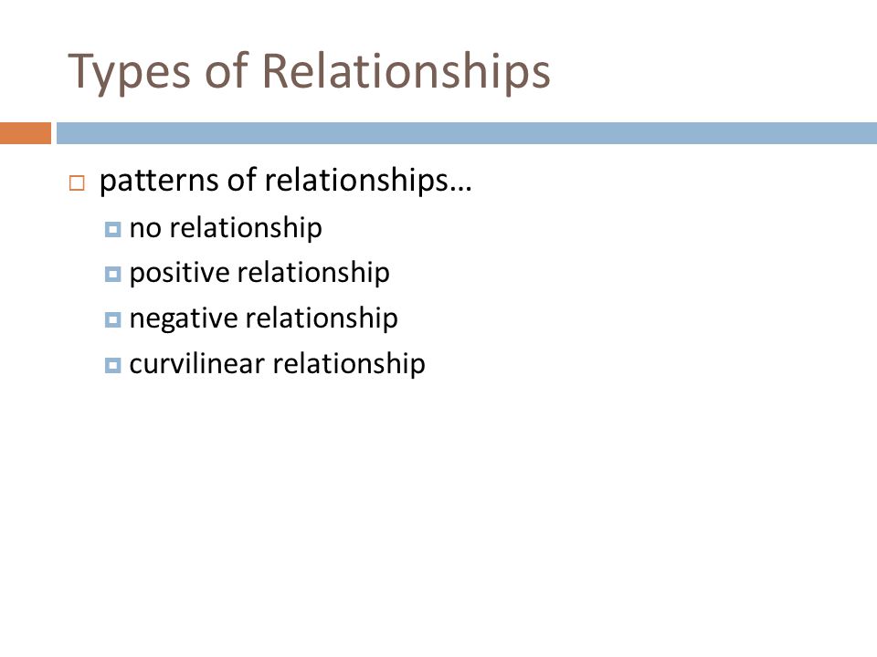 Types of Relationships  patterns of relationships…  no relationship  positive relationship  negative relationship  curvilinear relationship