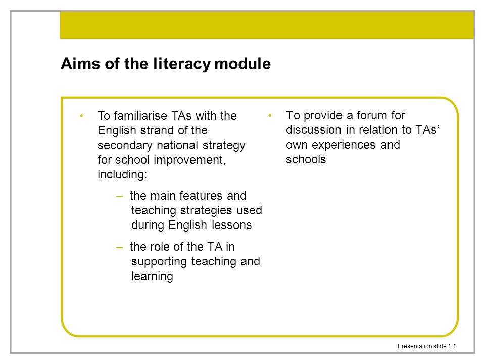 Presentation slide 1.1 Aims of the literacy module – the main features and teaching strategies used during English lessons – the role of the TA in supporting teaching and learning To provide a forum for discussion in relation to TAs’ own experiences and schools To familiarise TAs with the English strand of the secondary national strategy for school improvement, including: