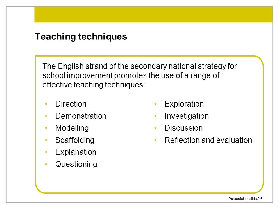 Presentation slide 3.6 Teaching techniques Direction Demonstration Modelling Scaffolding Explanation Questioning Exploration Investigation Discussion Reflection and evaluation The English strand of the secondary national strategy for school improvement promotes the use of a range of effective teaching techniques: