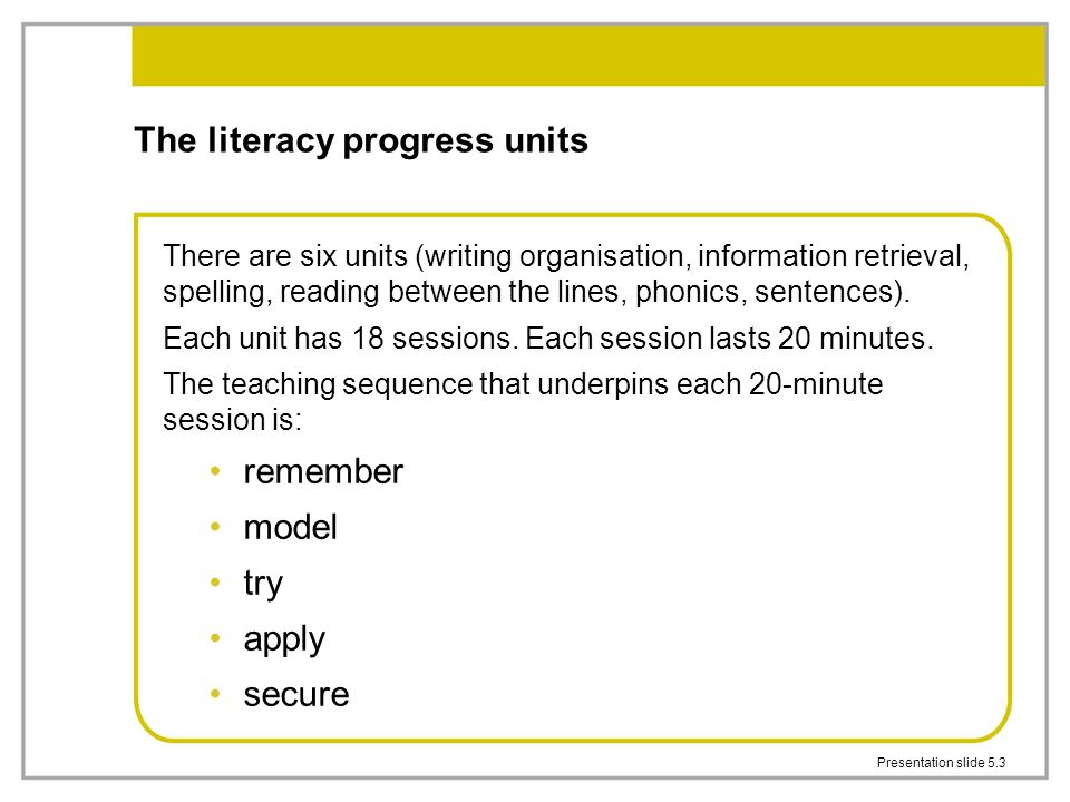 Presentation slide 5.3 The literacy progress units There are six units (writing organisation, information retrieval, spelling, reading between the lines, phonics, sentences).