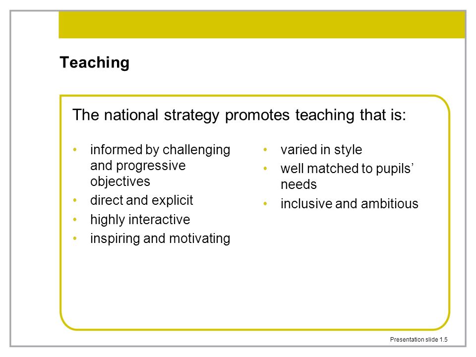 Presentation slide 1.5 Teaching informed by challenging and progressive objectives direct and explicit highly interactive inspiring and motivating varied in style well matched to pupils’ needs inclusive and ambitious The national strategy promotes teaching that is: