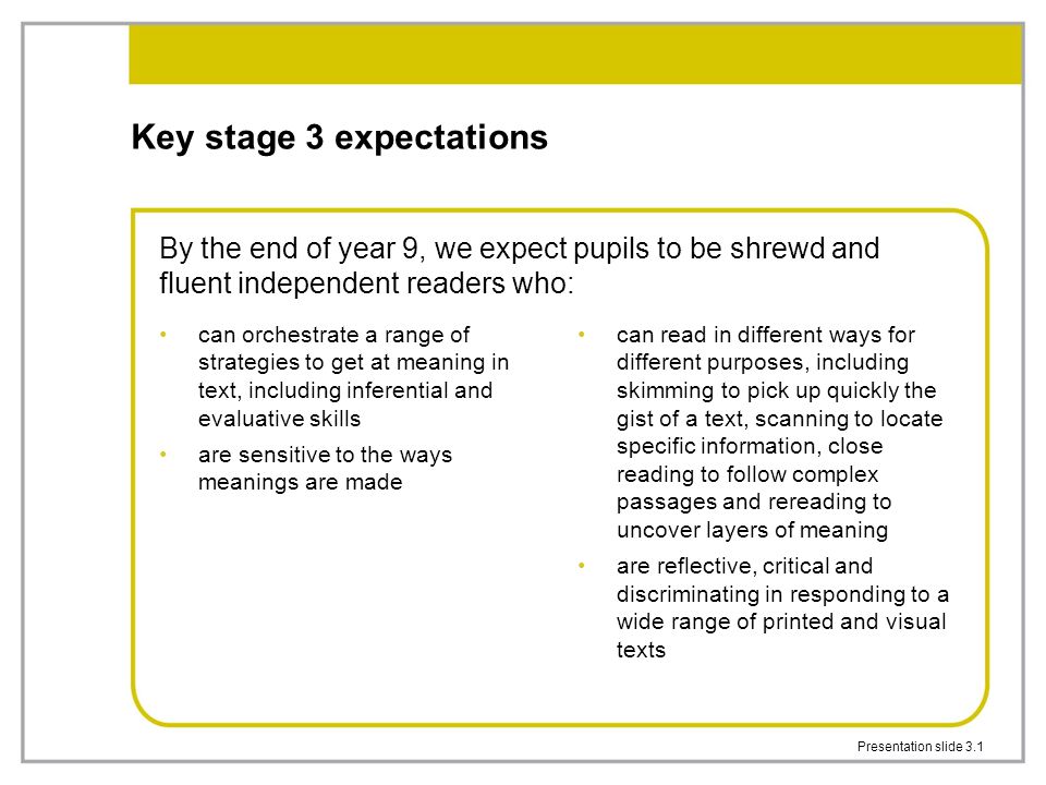 Presentation slide 3.1 Key stage 3 expectations can orchestrate a range of strategies to get at meaning in text, including inferential and evaluative skills are sensitive to the ways meanings are made can read in different ways for different purposes, including skimming to pick up quickly the gist of a text, scanning to locate specific information, close reading to follow complex passages and rereading to uncover layers of meaning are reflective, critical and discriminating in responding to a wide range of printed and visual texts By the end of year 9, we expect pupils to be shrewd and fluent independent readers who:
