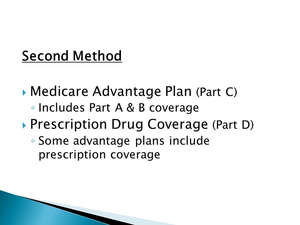Second Method  Medicare Advantage Plan (Part C) ◦ Includes Part A & B coverage  Prescription Drug Coverage (Part D) ◦ Some advantage plans include prescription coverage