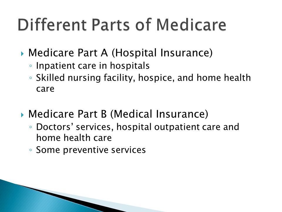  Medicare Part A (Hospital Insurance) ◦ Inpatient care in hospitals ◦ Skilled nursing facility, hospice, and home health care  Medicare Part B (Medical Insurance) ◦ Doctors’ services, hospital outpatient care and home health care ◦ Some preventive services