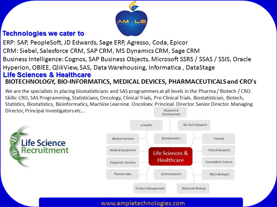 ERP: SAP, PeopleSoft, JD Edwards, Sage ERP, Agresso, Coda, Epicor CRM: Siebel, Salesforce CRM, SAP CRM, MS Dynamics CRM, Sage CRM Business Intelligence: Cognos, SAP Business Objects, Microsoft SSRS / SSAS / SSIS, Oracle Hyperion, OBIEE, QlikView, SAS, Data Warehousing, Informatica, DataStage BIOTECHNOLOGY, BIO-INFORMATICS, MEDICAL DEVICES, PHARMACEUTICALS and CRO s We are the specialists in placing biostatisticians and SAS programmers at all levels in the Pharma / Biotech / CRO.