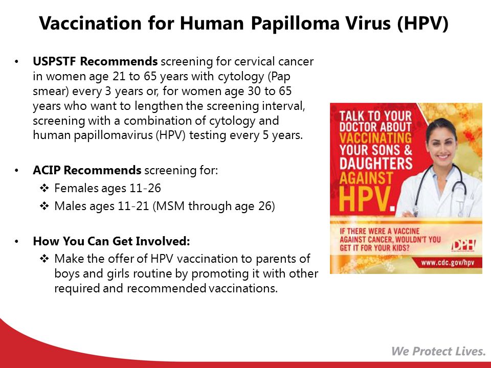 Vaccination for Human Papilloma Virus (HPV) USPSTF Recommends screening for cervical cancer in women age 21 to 65 years with cytology (Pap smear) every 3 years or, for women age 30 to 65 years who want to lengthen the screening interval, screening with a combination of cytology and human papillomavirus (HPV) testing every 5 years.