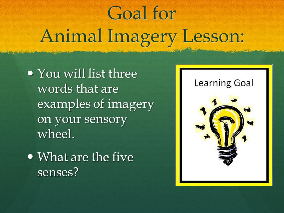 Goal for Animal Imagery Lesson: You will list three words that are examples of imagery on your sensory wheel.