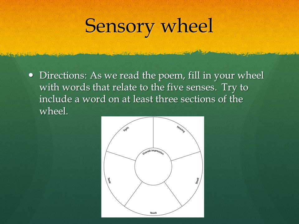 Sensory wheel Directions: As we read the poem, fill in your wheel with words that relate to the five senses.