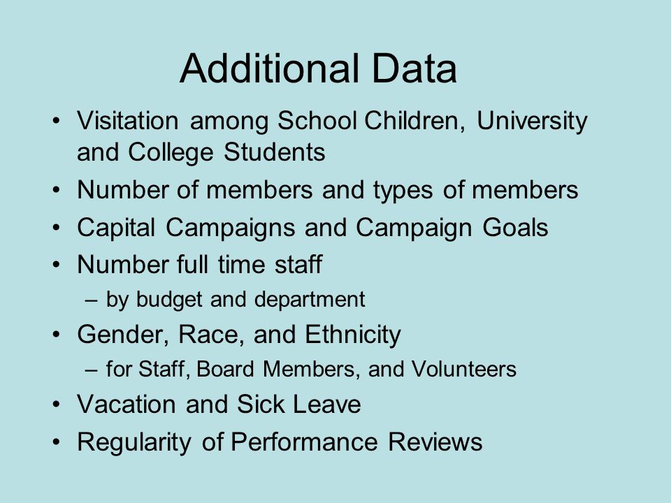 Additional Data Visitation among School Children, University and College Students Number of members and types of members Capital Campaigns and Campaign Goals Number full time staff –by budget and department Gender, Race, and Ethnicity –for Staff, Board Members, and Volunteers Vacation and Sick Leave Regularity of Performance Reviews
