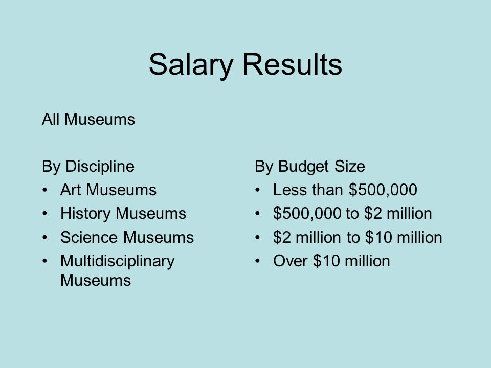 Salary Results All Museums By Discipline Art Museums History Museums Science Museums Multidisciplinary Museums By Budget Size Less than $500,000 $500,000 to $2 million $2 million to $10 million Over $10 million