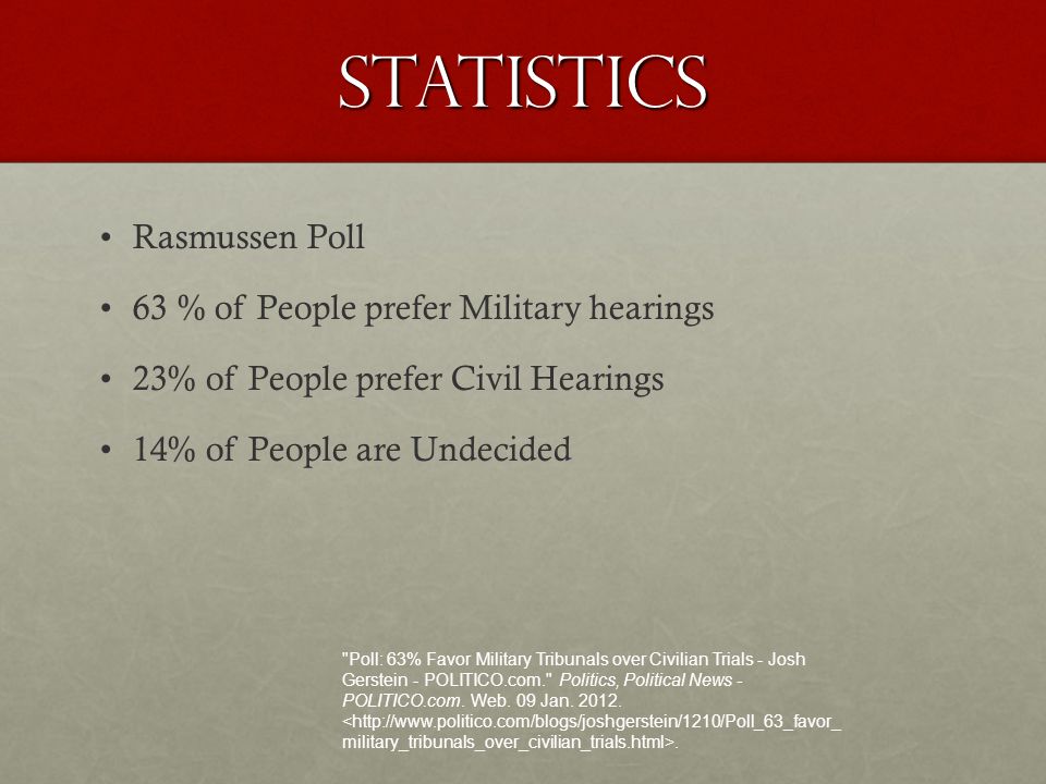 Statistics Rasmussen Poll 63 % of People prefer Military hearings 23% of People prefer Civil Hearings 14% of People are Undecided Poll: 63% Favor Military Tribunals over Civilian Trials - Josh Gerstein - POLITICO.com. Politics, Political News - POLITICO.com.