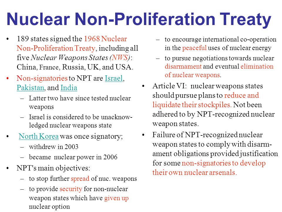 Nuclear Non-Proliferation Treaty 189 states signed the 1968 Nuclear Non-Proliferation Treaty, including all five Nuclear Weapons States (NWS): China, France, Russia, UK, and USA.