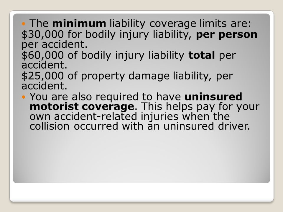 The minimum liability coverage limits are: $30,000 for bodily injury liability, per person per accident.