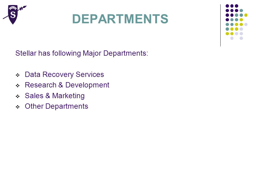 DEPARTMENTS Stellar has following Major Departments:  Data Recovery Services  Research & Development  Sales & Marketing  Other Departments