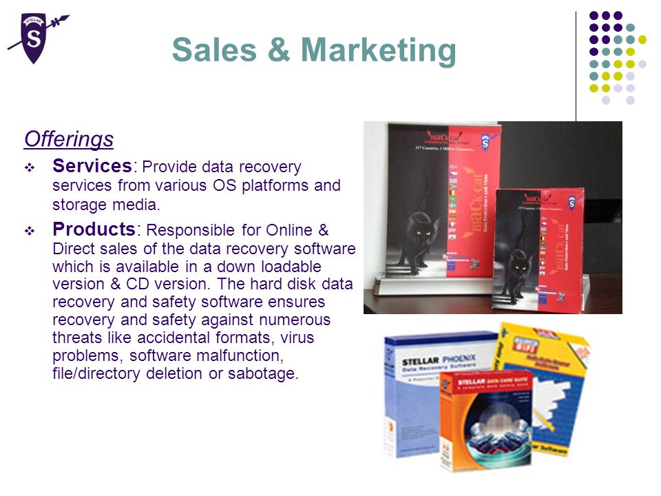 Sales & Marketing Offerings  Services : Provide data recovery services from various OS platforms and storage media.