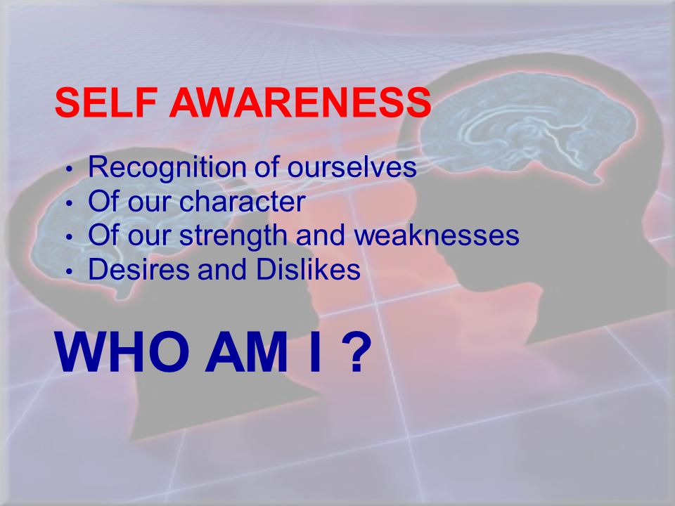 SELF AWARENESS Recognition of ourselves Of our character Of our strength and weaknesses Desires and Dislikes WHO AM I